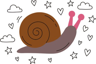 Gri bir vücut ve canlı pembe antenli kahverengi kabuklu bir salyangozun el çizimi yıldızların, kabarık bulutların ve küçük kalplerin oyuncu bir arka planına sahip büyüleyici bir karalama çizimi..