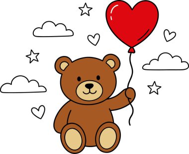 Kahverengi bir oyuncak ayının oturduğu ve elinde canlı kırmızı bir kalp şeklinde balon olan büyüleyici bir karikatür çizimi. Bulutların, yıldızların ve küçük kalplerin çizimleriyle çevrili. Çocuk tasarımları veya romantik temalar için mükemmel..
