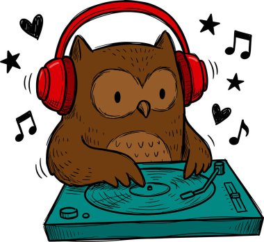 Canlı kırmızı kulaklıklar takan kahverengi bir baykuşun büyüleyici bir karikatürü. Müzik notaları, kalpler ve yıldızlarla çevrili bir döner platformda coşkulu bir şekilde plaklar çeviriyor..
