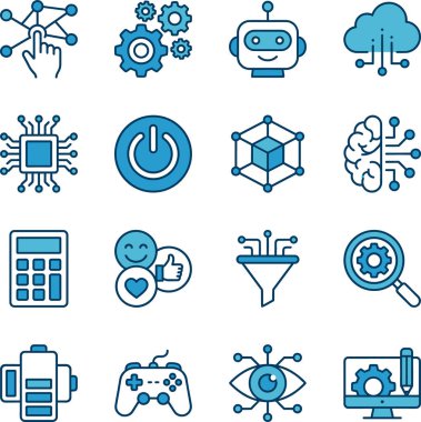 Teknolojinin çeşitli yönlerini, yapay zekayı, veri işlemeyi ve dijital kavramları temsil eden kapsamlı bir simge kümesi..