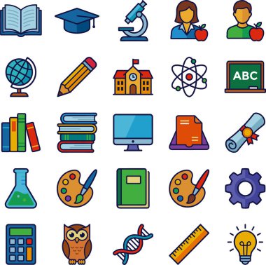 Eğitim, bilim ve öğrenmenin çeşitli yönlerini temsil eden, akademik ve bilimsel projeler için mükemmel renkli simgelerin kapsamlı bir koleksiyonu.