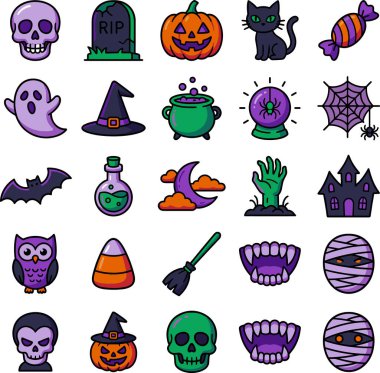 Bir kafatası, hayalet, balkabağı, cadı şapkası, kazan, kristal top, örümcek ağı, yarasa, iksir şişesi, hilal ay, zombi eli, perili ev, baykuş, mısır, süpürge, vampir dişi, mumya, vampir dişi ve