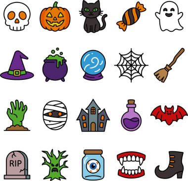 Cadılar Bayramı temalı ikonlar arasında bir kafatası, balkabağı, siyah kedi, şeker, hayalet, cadı şapkası, kazan, kristal top, örümcek ağı, süpürge, zombi eli, mumya, perili ev, iksir, yarasa, mezar taşı, ölü ağaç, göz küresi, vampir dişi ve cadı dişi yer alıyor.