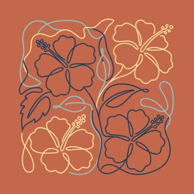 Dört amfibik çiçek ve yapraktan oluşan büyüleyici bir minimalist çizgi çizimi. Karmaşık bir şekilde terakotta arka planında sarmalanmış, tropikal bir zarafet hissi uyandırıyor..