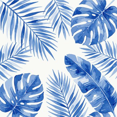 Canavarlar ve palmiye yaprakları da dahil olmak üzere mavi tropikal yapraklardan oluşan canlı bir suluboya çizimi, temiz beyaz bir arkaplana yayılarak canlandırıcı ve sanatsal bir botanik desen oluşturur..