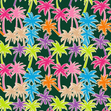 Pembe, mavi, turuncu, mor ve yeşil renkli bir dizi neon palmiye ağacını içeren canlı ve renksiz bir desen, koyu yeşil bir arkaplan üzerine kurulmuş, tropikal ve eğlenceli bir yaz atmosferini çağrıştırıyor..