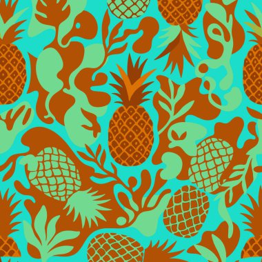 Turuncu ve açık yeşil tonlarda şekillendirilmiş ananaslar ve çeşitli tropikal yapraklar içeren canlı ve renksiz bir desen, parlak bir gök mavisi arka planına kurulmuş, bir yazı ve egzotik hissi çağrıştırıyor..
