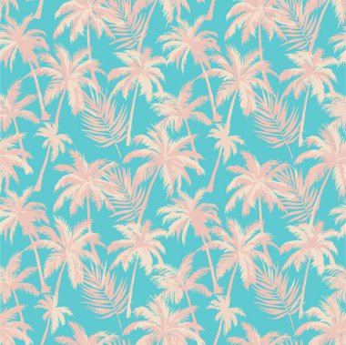 Açık pembe palmiye ağaçları ve parlak bir turkuaz arka planda yapraklar içeren canlı ve ferahlatıcı bir desen. Yaz tasarımları, tekstil ve dijital arka planlar için mükemmel..