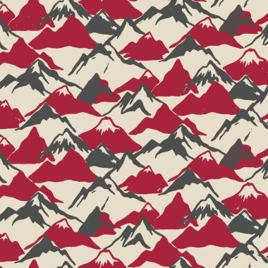 Kırmızı ve koyu gri tonlarında soyut dağ sıralarını içeren canlı ve tekrarlayan bir desen, beyaz kar örtüleriyle vurgulanmış, ince, açık renkli bir zemin üzerine kurulmuş. Tekstil, duvar kâğıtları ve dijital tasarımlar için ideal.