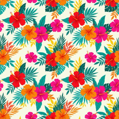 Canlı ve renksiz bir desen. Kırmızı, turuncu ve pembe renkli bir dizi tropikal amber çiçeği içeren, yemyeşil ve sarı palmiye yapraklarıyla birbirine karışmış, açık bir arkaplan üzerine kurulmuş, yaz tasarımları için mükemmel..