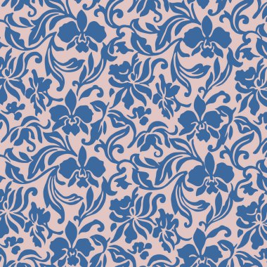 Yumuşak, açık pembe bir zemin üzerinde karmaşık mavi orkide çiçek siluetleri ve dönen sarmaşıklar içeren güzel ve zarif bir desen, tekstil, duvar kağıdı ve dijital tasarımlar için mükemmel..