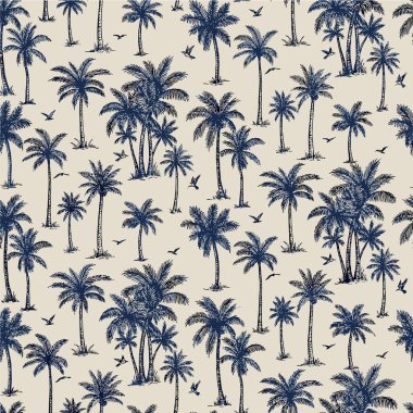 Elle çizilmiş tropikal palmiye ağaçları ve küçük kuşları içeren büyüleyici ve zarif bir desen. Tekstil, duvar kağıtları ve dijital arka planlar için mükemmel bir sükunet ve yaz tasarımı yaratıyor..