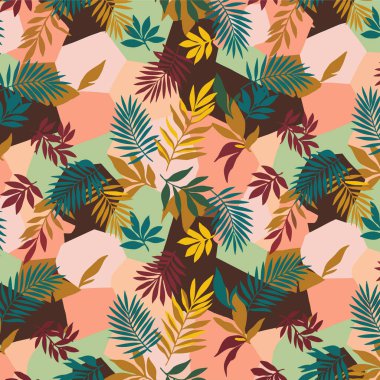 Değişik tropikal yapraklar ve yapraklar içeren canlı ve renksiz bir desen. Toprak tonlarında soyut, organik şekiller üzerine kurulmuş. Tekstil, duvar kâğıtları ve dijital arkaplan için ideal.