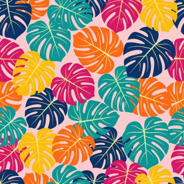 Pembe, turuncu, sarı, deniz mavisi ve koyu mavi olmak üzere çeşitli canavar yaprakları içeren canlı ve renksiz bir desen, yaz tasarımları için mükemmel, yumuşak pembe arka plana karşı dizilmiş..