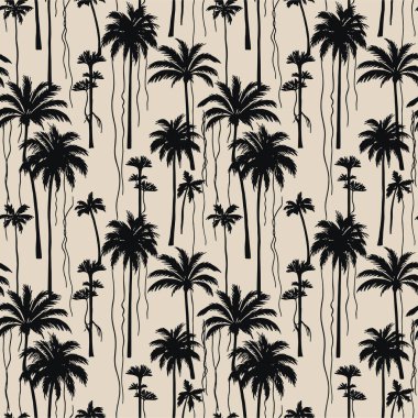 Yumuşak, açık renkli bir arka plan, tropikal tasarımlar için mükemmel, siyahlı çeşitli palmiye ağaçlarının siluetlerini içeren minimalist ve zarif bir desen..