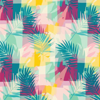 Mavi ve yeşil tonlarında biçimlendirilmiş tropikal palmiye yaprakları içeren canlı ve renksiz bir desen soyut bir zemin üzerinde sarı, pembe ve deniz mavisi blokları ile kaplanmış modern ve enerjik bir tasarım yaratıyor..