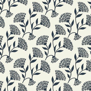 Soyut, koyu mavi çiçekli, noktalı yapraklı ve ince gövdeli, modern ve zarif bir botanik tasarım yaratan, temiz, açık krem arkaplan üzerine kurulmuş bir desen..