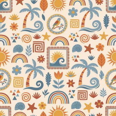 Palmiye ağaçları, güneşler, dalgalar ve gökkuşakları gibi tropikal elementleri içeren canlı ve çetrefilli bir boho yazı deseni, açık arkaplanda çiçeklere, kuşlara ve geometrik şekillere ilham kaynağı olmuştur..
