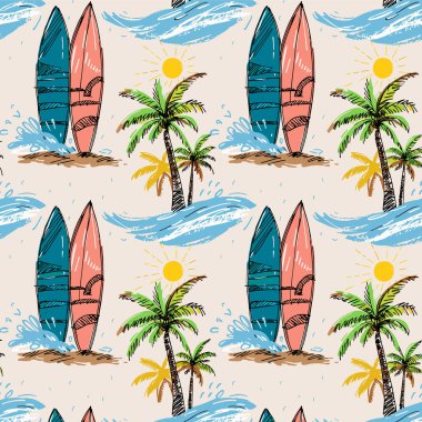 Canlı, elle çizilmiş, sörf tahtaları, palmiye ağaçları, dalgalar ve güneş içeren, tropikal bir plaj ve yaz tatili atmosferini çağrıştıran bir desen..