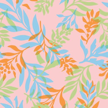 Mavi, yeşil ve turuncu tonlarda biçimlendirilmiş yaprak ve dallardan oluşan canlı ve renksiz bir desen, yumuşak pembe bir arka plana karşı dizilmiş, yeni ve modern bir botanik tasarımı yaratıyor..