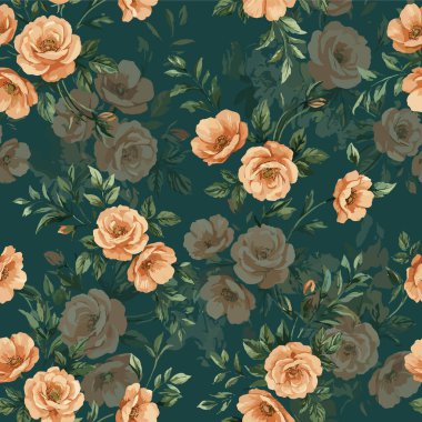 Canlı turuncu ve ince koyu renkli güller içeren, yemyeşil yapraklarla birbirine dolanmış, zengin, koyu yeşil bir zemin üzerine kurulmuş, tekstil ve dijital tasarımlar için mükemmel, pürüzsüz bir desen..