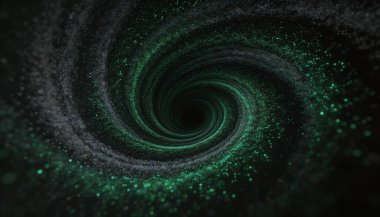 Yeşil ve gri parçacıklardan oluşan girdaplı bir girdap içeren büyüleyici soyut bir görüntü karanlık bir arkaplana karşı derinlik ve hareket hissi yaratıyor..