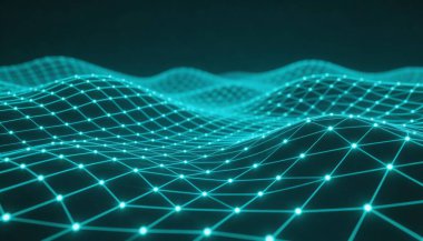 Büyüleyici soyut bir dijital dalga biçimi ızgarası, parlayan düğümlerle, fütürist ve teknolojik bir arka plan yaratıyor. Dalgalanan yüzey veri akışı, bağlantı ve gelişmiş hesaplama kavramlarını öneriyor.