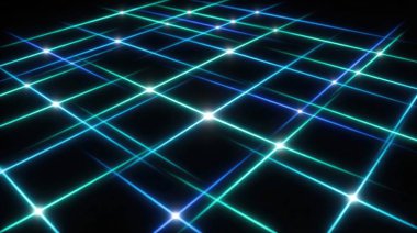 Parlayan mavi ve yeşil çizgilerin kesiştiği soyut bir dijital şebeke deseni, derinlik ve teknoloji hissi yaratıyor. Kesişmenin parlak noktaları karanlık boşluğu aydınlatır, veri akışı, bağlantı ya da sanal bir ortam önerir..
