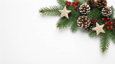 Taze köknar ağacı dalları, doğal çam kozalakları, kırmızı böğürtlenler ve temiz beyaz bir yüzeye yerleştirilmiş zarif ahşap yıldız süslemelerinin yer aldığı güzel bir Noel arkaplanı. Bayram tebrikleri ve tasarımları için mükemmel..