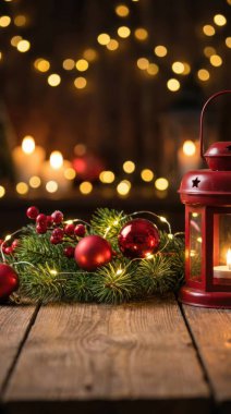 Şenlikli bir çelenk, kırmızı süsler ve parıldayan bir fenerle süslenmiş, sade ahşap bir masa içeren sıcacık bir Noel sahnesi, bir tatil neşesi ve sıcaklık hissi uyandıran, sıcak, bulanık bokeh ışıklarının zeminine kurulmuş..