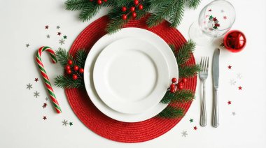 Kırmızı bir tabak üzerinde beyaz tabaklar bulunan güzel bir Noel sofrası manzarası, köknar dalları, kırmızı böğürtlen, şeker kamışı ve konfeti ile çevrili, tatil kutlamaları için mükemmel..
