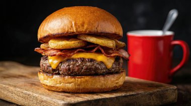 Erimiş çedar peyniri ve kızarmış patatesle kaplı ağız sulandıran pastırmalı çizburger, koyu bir arka planda, dumanı tüten kırmızı bardakla birlikte rustik ahşap bir tahtanın üzerinde servis ediliyor..