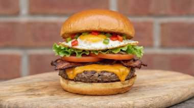 İki köfte, erimiş çedar peyniri, gevrek domuz pastırması, taze marul, olgun domates dilimleri ve rengarenk biberli mükemmel kızarmış yumurta içeren rengarenk bir çizburger, hepsi de rustik ahşap bir çörek üzerinde servis ediliyor.