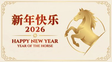 2026 Çin Yeni Yılı için bayram bayrağı. Geleneksel Çin karakterleri ve görkemli altın at resimleriyle At Yılı 'nı kutluyor..