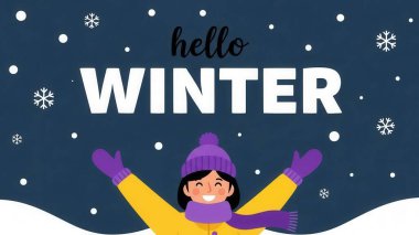 Mor bir şapka ve atkı da dahil olmak üzere kışın giydiği neşeli bir kadın, kollarını açmış, etrafında kar taneleri düşerken neşeyle gülümsüyor. 