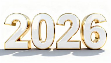 2026 yılının çarpıcı üç boyutlu gösterimi zarif altın ve beyaz numaralar, el değmemiş beyaz arka planda ince gölgeler bırakıyor. Bu resim geleceği, yeni başlangıçları ve yaklaşan olayları sembolize eder..