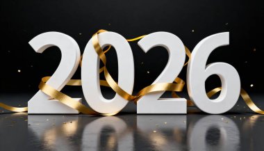 2026 yılı beyaz sayılar ile gösteriliyor, zarif bir şekilde akışkan altın kurdele ve ince parıltılarla süslenmiş, koyu bir arkaplan üzerine kurulmuş, yeni başlangıçları ve şenlikli kutlamaları simgeliyor..