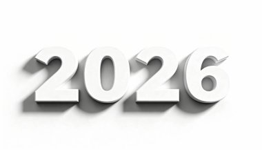 2026 yılının çarpıcı bir 3D tasviri, parlak beyaz sayılar halinde, el değmemiş beyaz arkaplana ince bir gölge düşürüyor, geleceği ve yeni başlangıçları simgeliyor..