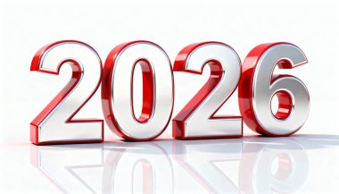 2026 yılının çarpıcı 3D görüntüsü, parlak kırmızı ve gümüş kaplamalı rakamlar, el değmemiş beyaz bir yüzeye ince bir yansıma yapıyor. Bu resim gelecek, yeni başlangıçlar ve yaklaşan olayları çağrıştırıyor..