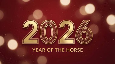 Yumuşak, pırıl pırıl bokeh ışıklarıyla canlı bir kırmızı arka plan 2026 yılındaki Altın At Yılı için yeni Çin yılını kutlamak için zemin hazırlıyor.