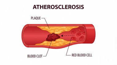 Ateroskleroz 'un ayrıntılı bir çizimi, plaka birikimi ve kan pıhtısının arterdeki kan akışını engellemesi, kırmızı kan hücrelerinin.