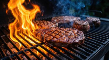 Birkaç kalın et parçasının yakın çekimi, muhtemelen biftekler, sıcak ızgarada pişen sıcak turuncu alevler ve dumanlı bir atmosfer. Izgara izleri kurutulmuş etin üzerinde görünüyor. Bu da dışarıda leziz bir aşçı olduğunu gösteriyor.