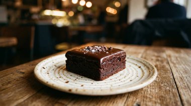 Çikolata parçacıkları ve çikolata parçacıkları ile kaplı nefis kare çikolatalı browni eşsiz bir benekli seramik tabakta duruyor. Tabak sıcak, kırsal, ahşap bir masada, bulanık bir kafenin arka planında, rahat bir...