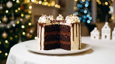 Çürümüş çikolatalı pasta, beyaz şekerle güzelce dekore edilmiş, çikolata serpiştirilmiş, ve renkli serpiştirilmiş, bir dilim alınmış, davetkar bir görüntü yaratıyor. Arka planda parlak ışıklarla süslenmiş bulanık Noel ağaçları var.,