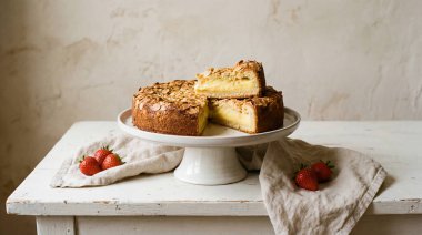 Ağız sulandıran ev yapımı, üzerinde altın badem ezmesi olan bir cheesecake, beyaz bir pasta standında sunuluyor ve ahşap bir masada taze çilekler sunuluyor..