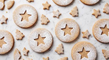 Yeni pişirilmiş yıldız şekilli Noel kurabiyelerinin, toz şekerle kaplanmış, açık renkli bir yüzeye dağılmış, bayram kutlamaları için mükemmel bir pozu..