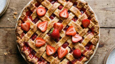 Üzerinde altın-kahverengi kafes kabuğu ve taze çilek yarımları ile süslenmiş, eski ahşap bir yüzey üzerinde dinlenen, ev yapımı bir rahatlık ve kırsal cazibe hissi uyandıran, yeni pişmiş bir çilekli turta.