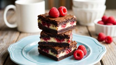 Ağız sulandıran üç tane ahudududulu cheesecake browni, taze ahududu ile süslenmiş, açık mavi bir seramik tabakta sunuluyor. Beyaz bir kupa ve daha fazla böğürtlen yumuşak odaklı arka planda görülebilir, rahat ve davetkar bir tatlı sahnesi yaratır