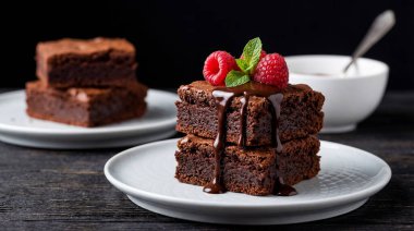 Çikolata soslu, taze ahududu ve nane yaprağıyla süslenmiş, beyaz bir tabakta servis edilen lezzetli çikolatalı brovnilerin yakın plan çekimi..