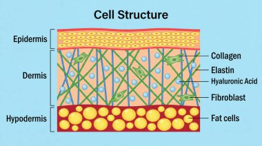 Eğitici bir illüstrasyon insan derisinin karmaşık katmanlarını gösteriyor, üst derisi, derisi ve şırınga derisi gibi, kolajen, elastin ve yağ hücreleri gibi anahtar bileşenler açıkça etiketlenmiş..